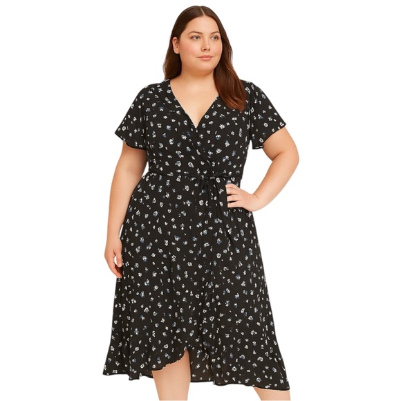 Lane Bryant Black Floral Ruffle Faux Wrap Midi Dress Size 26 Tie Waist Boho - Picture 1 of 10